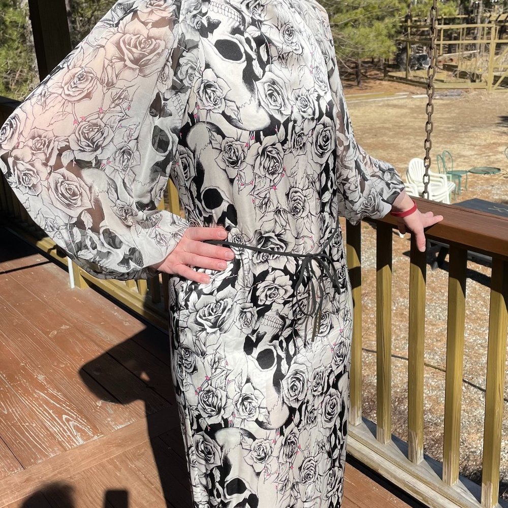 Thomas Wylde Skull and Rose Printed Silk Dress